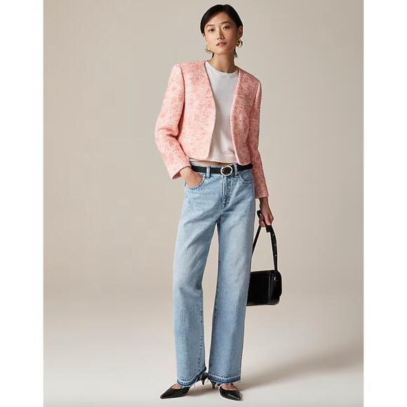 J.Crew Collarless Jacket Italian Tweed Pink Open Cropped Preppy Classic US 0 NWT - Picture 3 of 11